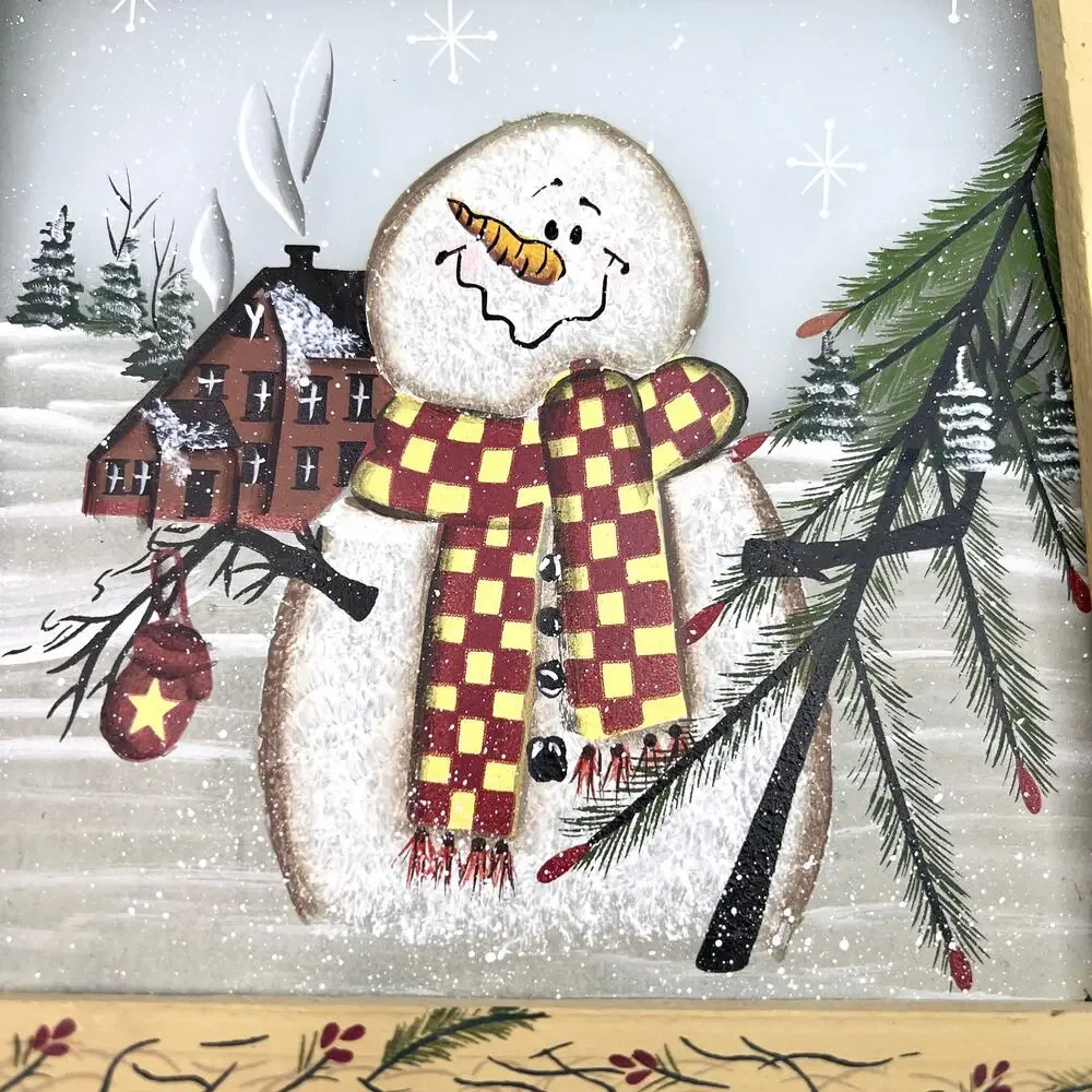 Vintage Country Snowman Painted Windowpane Art